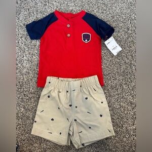 Red & Navy Raglan Baby Tee with Khaki Printed Shorts - Baseball Themed
